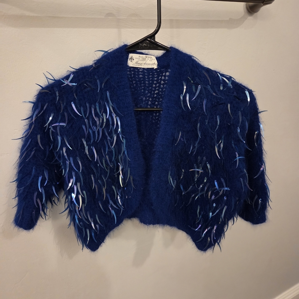 100% Wool Made In Italy blue cardigan sweater iridescent sequin Embellishments